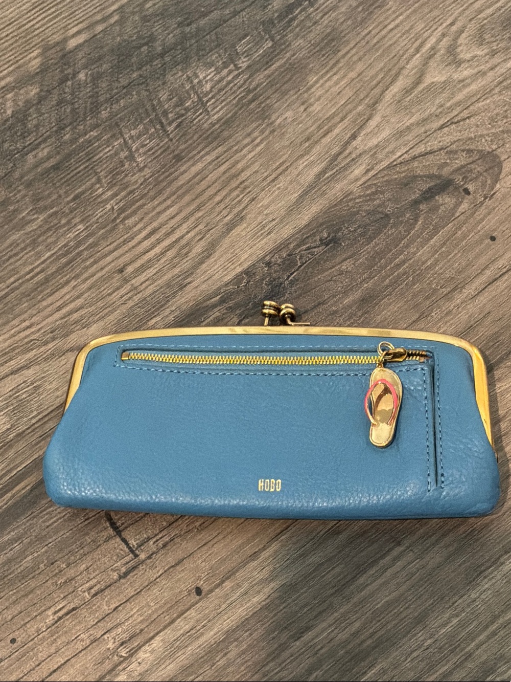 HOBO Blue Pebbled Leather Kiss-Lock Wallet with Flip-Flop Charm